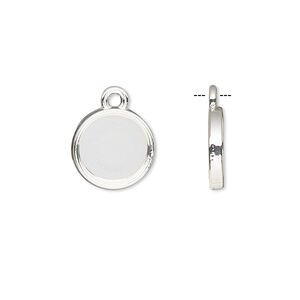 Drop, silver-finished brass, 12mm single-sided round with 10mm round setting. Sold per pkg of 10.