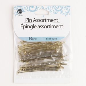 Head pin and eye pin assortment, "pewter" (zinc-based alloy) and steel, pkg/90, gold finish, 2 inches with eye / flat head / ball tip, 22-24 gauge.