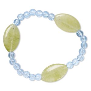 Bracelet, stretch, quartz (dyed) and acrylic, blue and green, 5mm round and 24x14mm-25x15mm flat marquise, 6-1/2 inches. Sold individually.