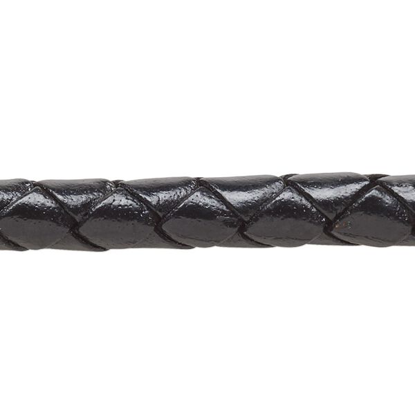 Bolo cord, leather (dyed), black, 8-9mm braided round. Sold per 5-foot section. image number 0