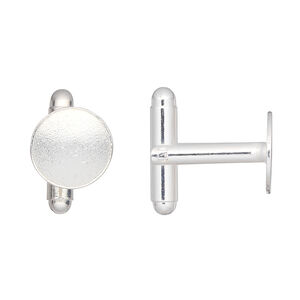 Cuff link 1pkg2 silver-finished brass, 12mm flat round pad 1 pair.
