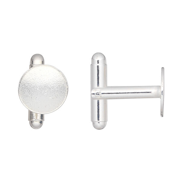 Cuff link 1pkg2 silver-finished brass, 12mm flat round pad 1 pair. image number 0