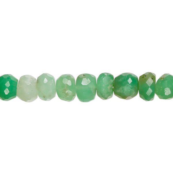 Bead, chrysoprase (natural), light to dark, 6x4mm-8x6mm hand-cut faceted rondelle with 0.4-1.4mm hole, C+ grade, Mohs hardness 6-1/2 to 7. Sold per 14-inch strand, approximately 75 beads. image number 0