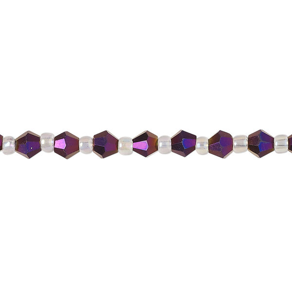 Bead, glass, pkg/8 inches, 4mm faceted bicone, purple AB. image number 0