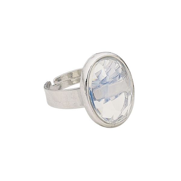 Ring, glass with silver-plated steel and "pewter" (zinc-based alloy), clear, 19x14mm-20x15mm faceted oval, adjustable from size 5-9. Sold individually. image number 0