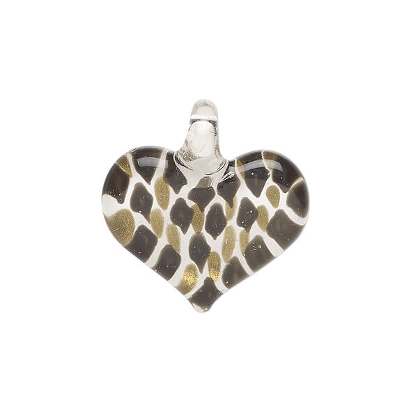 Drop, lampworked glass 1pkg1, opaque multicolored with gold-colored glitter, 19x17mm-22x20mm single-sided heart. image number 2