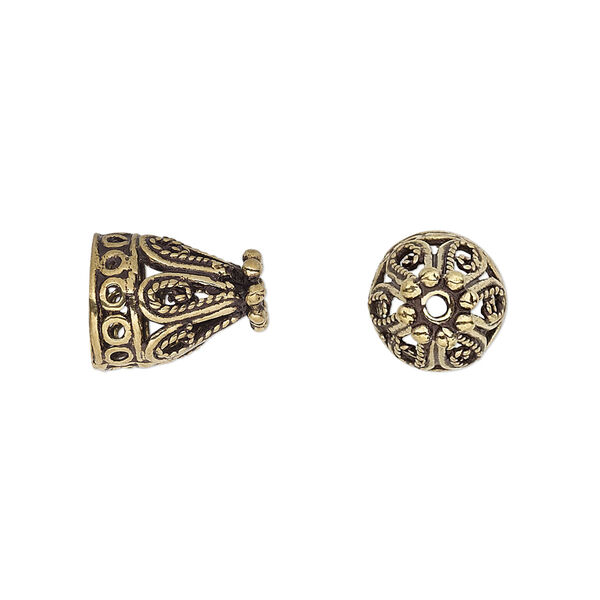 Cone, antique gold-finished brass, 13x10mm filigree, 8mm hole. Sold per pkg of 6. image number 0