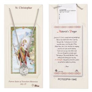 Necklace, stainless steel and Britannia pewter (tin-based alloy), 24x19mm oval with Saint Christopher, 24-inch continuous loop. Sold individually.