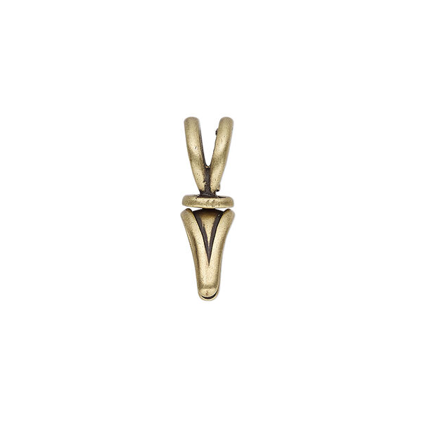 Bail, JBB Findings, ice-pick, antique brass-plated pewter (tin-based alloy), 19x5mm double-sided shield with lines and swivel, 6mm grip length. Sold individually. image number 0