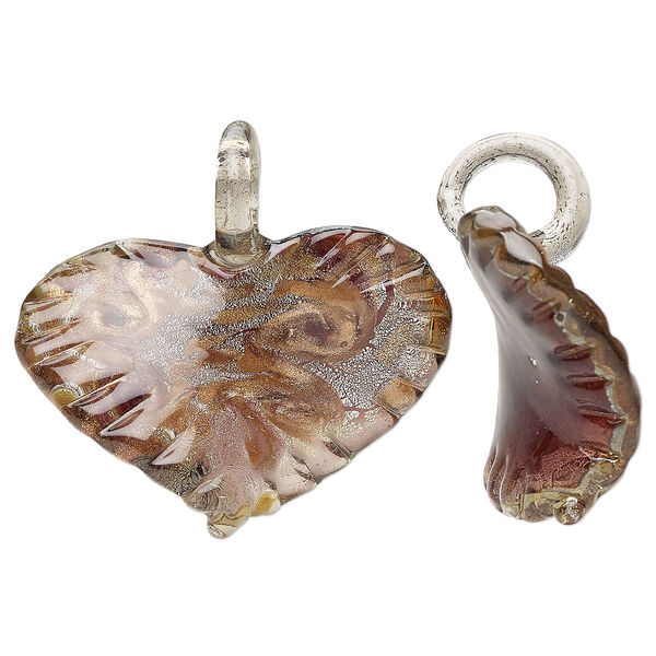 Focal, lampworked glass, clear / translucent cobalt blue / translucent purple, 49x34mm-51x41mm wavy textured heart with copper-colored glitter and silver-colored foil. Sold individually. image number 0