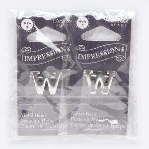 Bead, silver-finished "pewter" (zinc-based alloy), 18x13mm top-drilled letter "W" with 2mm hole. Sold per pkg of 2.