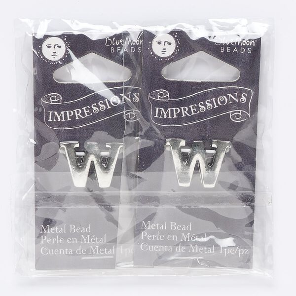 Bead, silver-finished "pewter" (zinc-based alloy), 18x13mm top-drilled letter "W" with 2mm hole. Sold per pkg of 2. image number 0