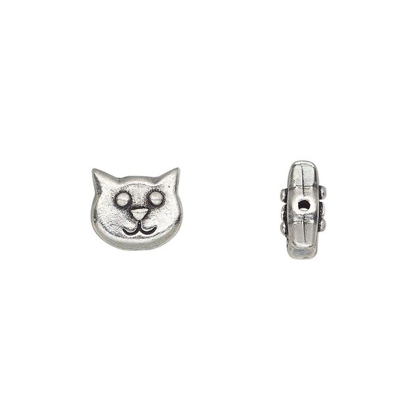 Bead, TierraCast®, antiqued pewter (tin-based alloy), 10x8.5mm double-sided cat face. Sold per pkg of 2. image number 0