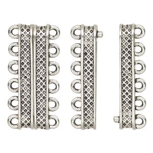 Clasp magnetic 1pkg1 "pewter" (zinc alloy), 30.5x9mm rectangle, antique silver-finished 6-strand