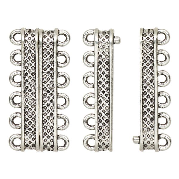 Clasp, 6-strand magnetic, antique silver-finished "pewter" (zinc-based alloy), 30.5x9mm rectangle with textured design. Sold individually. image number 0