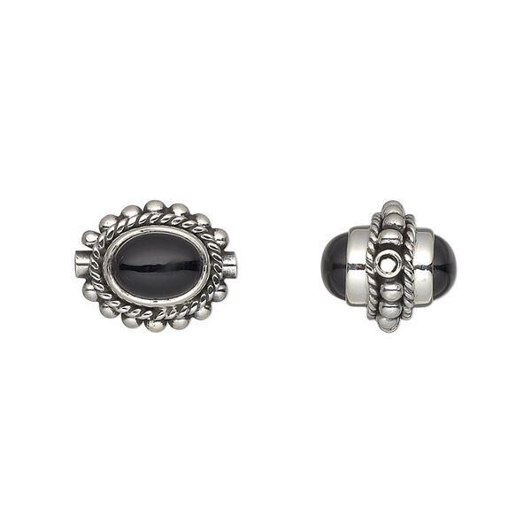 Black onyx / sterling silver 1pkg1, antiqued oval bead 8x6mm setting 13x11mm image number 0