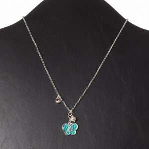 Necklace, acrylic pearl / enamel / Czech glass rhinestone / silver-finished brass / "pewter" (zinc-based alloy) / steel, teal / topaz brown / pink, 18x14mm butterfly, 16 inches with 3-inch extender chain and lobster claw clasp. Sold individually.