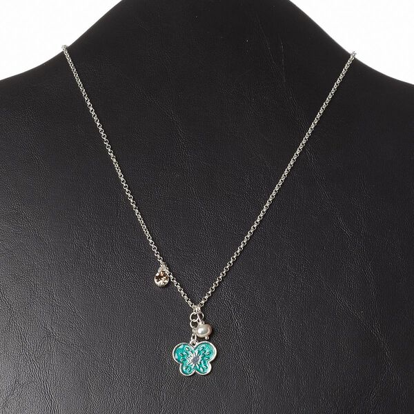 Necklace, acrylic pearl / enamel / Czech glass rhinestone / silver-finished brass / "pewter" (zinc-based alloy) / steel, teal / topaz brown / pink, 18x14mm butterfly, 16 inches with 3-inch extender chain and lobster claw clasp. Sold individually. image number 0