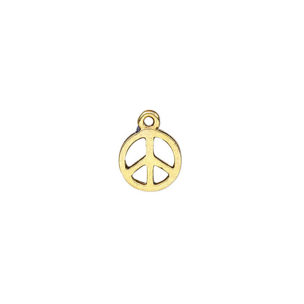 Charm, antique gold-finished "pewter" (zinc-based alloy), 9mm peace sign. Sold per pkg of 20. image number 0
