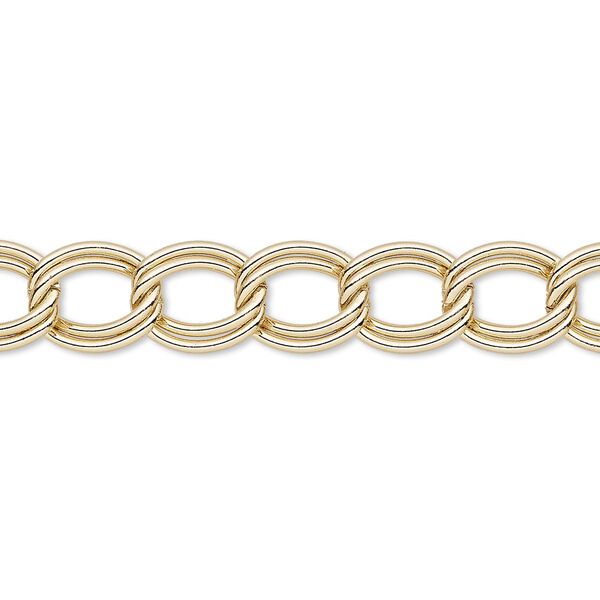 Chain, gold-finished steel, 8mm double curb. Sold per 50-foot spool. image number 0