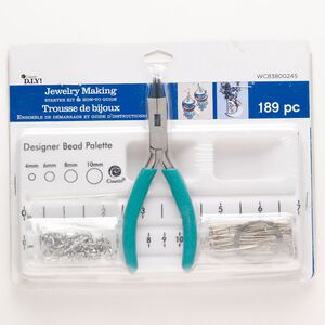 Tool and findings assortment, steel / silver-finished brass / nylon / acrylic, blue and white, jewelry-making starter kit. Sold per 189-piece kit.