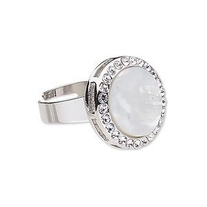 Ring, mother-of-pearl shell (bleached) / glass rhinestone / imitation rhodium-plated "pewter" (zinc-based alloy), white and clear, 20mm round, adjustable. Sold individually.