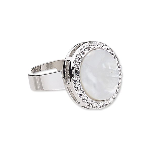 Ring, mother-of-pearl shell (bleached) / glass rhinestone / imitation rhodium-plated "pewter" (zinc-based alloy), white and clear, 20mm round, adjustable. Sold individually. image number 0