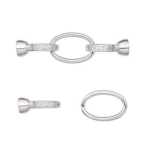 Clasp fold-over 1pkg1 rhodium-plated, 33x9mm / end caps / double latch / fits 3.5mm cord, brass / clear cubic zirconia 1-strand