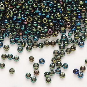 Seed bead, Preciosa Ornela Czech glass, pkg/500g, #8 rocaille, opaque green iris black, (59155).