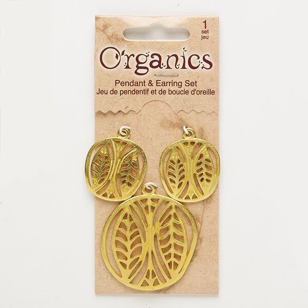 Focal and drop, gold-finished "pewter" (zinc-based alloy), 25x24mm and 38x37mm matte freeform with cutout leaf design. Sold per pkg of 3. image number 0