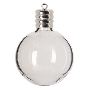 Component, lampworked glass and silver-finished brass, clear, 39x30mm-42x31mm round bottle with cap, 5.5mm hole. Sold individually.