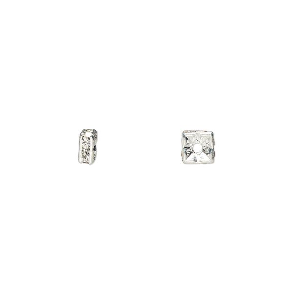 Bead, glass rhinestone and silver-plated brass, clear, 4x2mm squaredelle. Sold per pkg of 10. image number 0