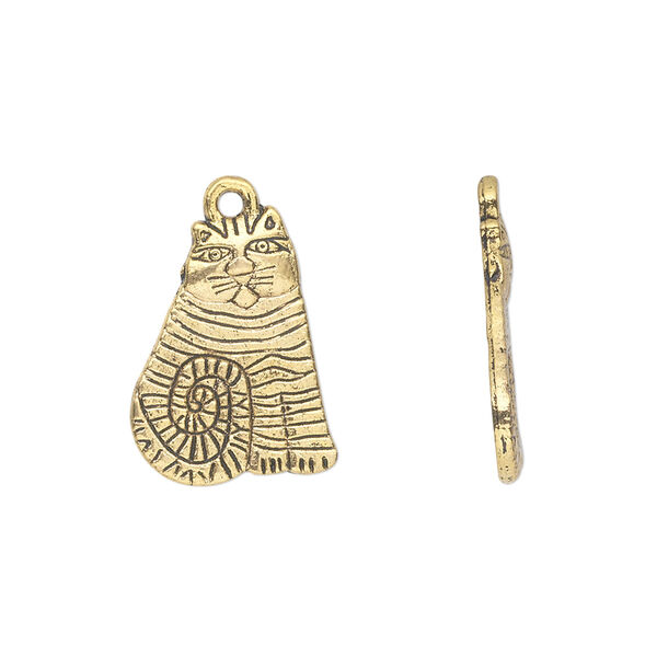Charm, antique gold-finished "pewter" (zinc-based alloy), 18x13mm single-sided cat. Sold per pkg of 20. image number 0
