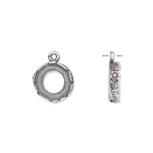 Drop, JBB Findings, antique silver-plated brass, 12mm round with open back and flower and leaf design trim, 10mm round bezel setting. Sold per pkg of 2.