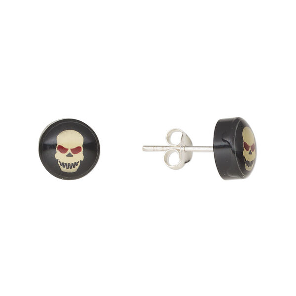 Earstud, Everyday Jewelry, sterling silver and acrylic, black / red / light yellow, 9mm round with skull. Sold per pair. image number 0