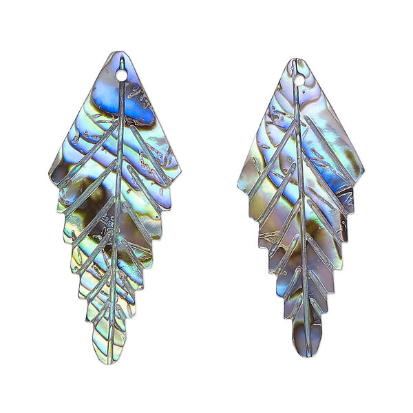 Focal, paua shell (natural), 33x14mm hand-cut top-drilled single-sided carved leaf, Mohs hardness 3-1/2. Sold per pkg of 2. image number 0