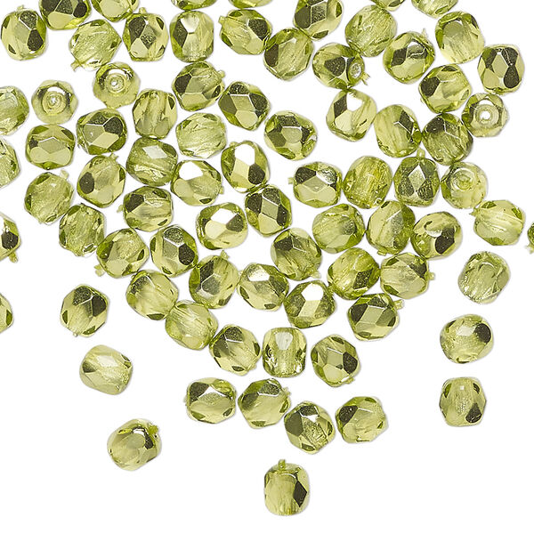 Bead 1pkg100, Czech fire-polished glass, clear with half-coat metallic silver green, 4mm faceted round. image number 0