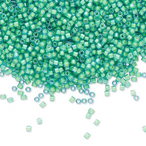 Seed bead, Delica®, glass, pkg/50g, #11 round, translucent luminous inside dyed color green (DB-2053).