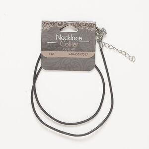 Necklace component 1pkg1, leather and antique silver-finished steel, black 2mm round with lobster claw clasp, 18 inches.