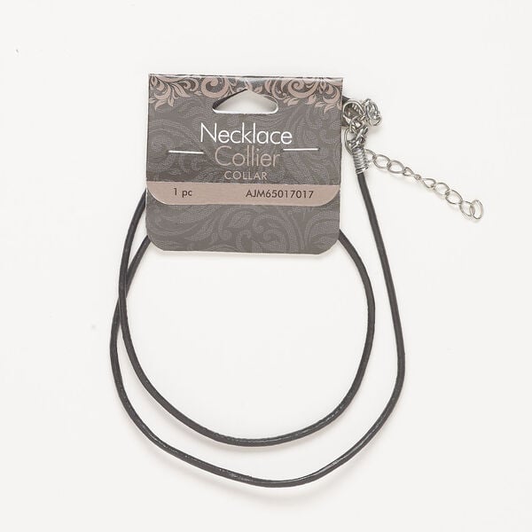 Necklace component 1pkg1, leather and antique silver-finished steel, black 2mm round with lobster claw clasp, 18 inches. image number 0