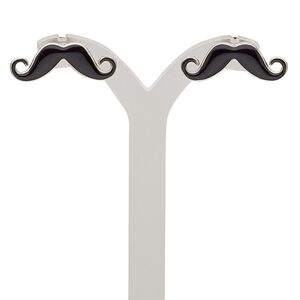 Earring, enamel and silver-plated "pewter" (zinc-based alloy), black, 22x7mm mustache with post. Sold per pair.