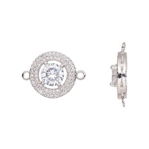 Link, cubic zirconia and silver-plated brass, clear, 14mm single-sided round. Sold individually.
