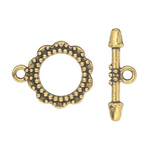 Clasp toggle 1pkg10 "pewter" (zinc alloy), 20mm double-sided round, antique gold-finished 1-strand