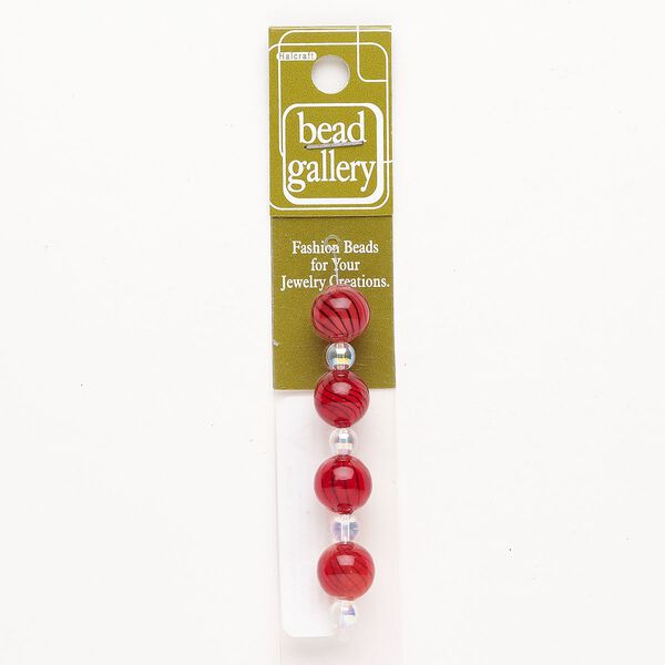 Bead 1pkg4 handblown glass, 12mm round / line design, translucent red / black image number 0