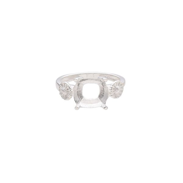 Ring, sterling silver, 10mm band with flower design and open back with 10mm cushion fancy stone 4-prong setting, size 7. Sold individually. image number 0