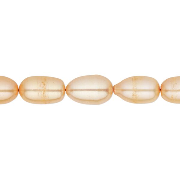 Pearl, cultured freshwater (dyed), apricot, 7-8mm rice, C grade, Mohs hardness 2-1/2 to 4. Sold per 16-inch strand. image number 0