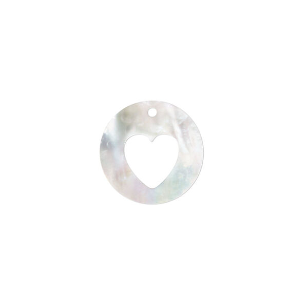 Drop, mother-of-pearl shell (bleached), 15mm round with heart cutout, Mohs hardness 3-1/2. Sold individually. image number 0