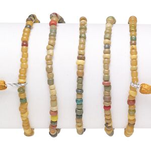 Bracelet mix, stretch, glass, oranges / green / multicolored, #6 round with 45mm tassel, 7-1/2 inches. Sold per pkg of 5.