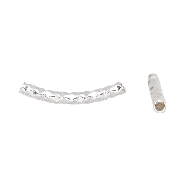 Bead, sterling silver, 25x3mm textured curved tube, no loop. Sold individually. image number 0
