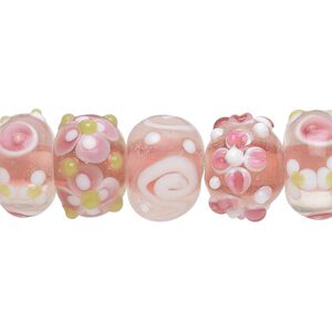 Bead, lampworked glass, multicolored, 14x8mm-15x10mm bumpy rondelle with assorted flower and swirl designs. Sold per pkg of 20.